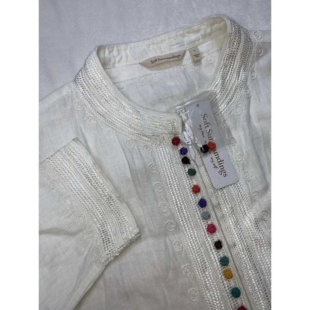Soft Surroundings Linen Desert Tunic Top Embroidered Colorful Buttons India Sz L - Picture 7 of 8